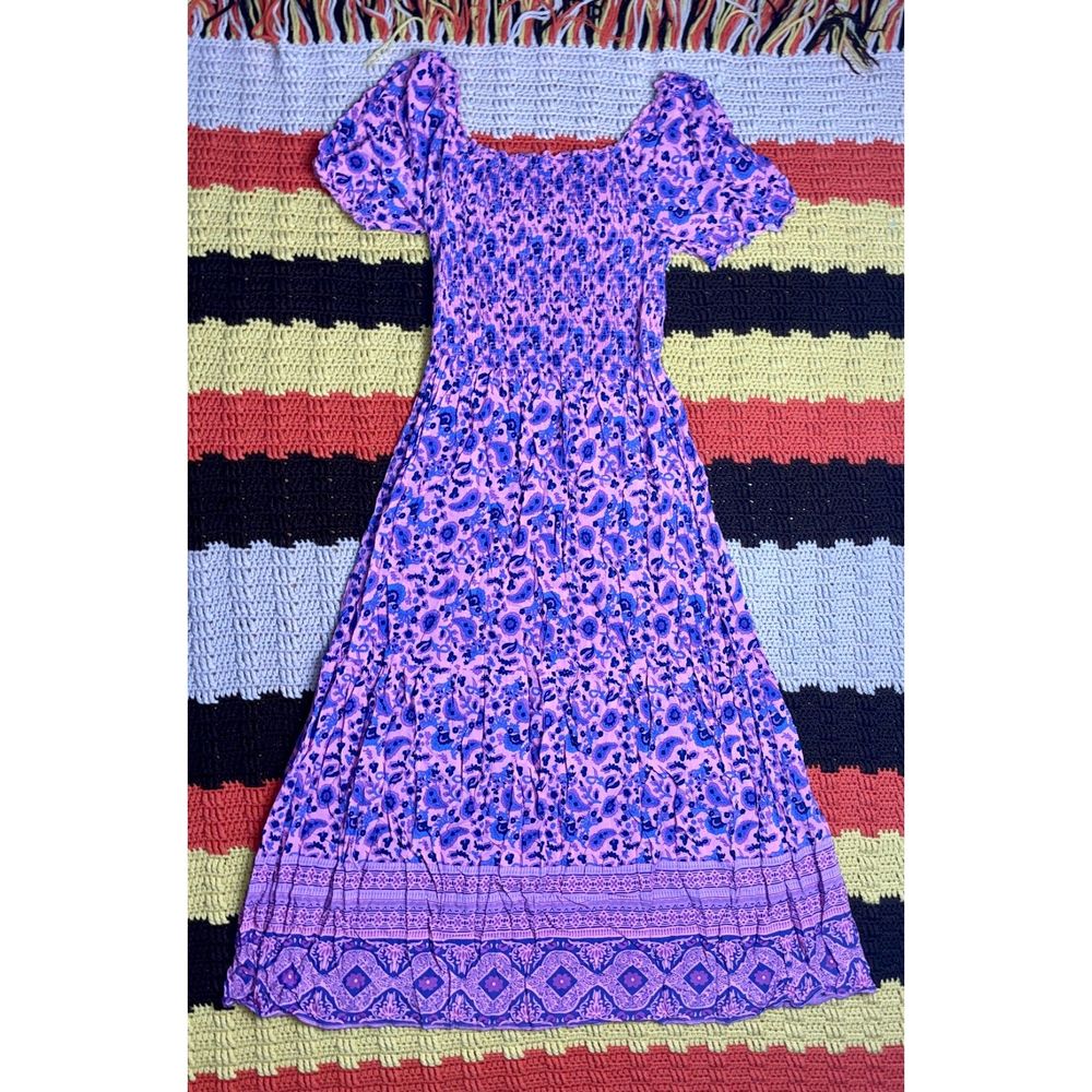 Pink and Purple Paisley Shirred Front Maxi Dress by Zesica, Small